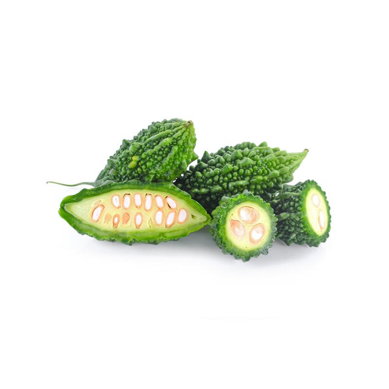 Life Extension,two whole and two half bitter melon fruits on white background